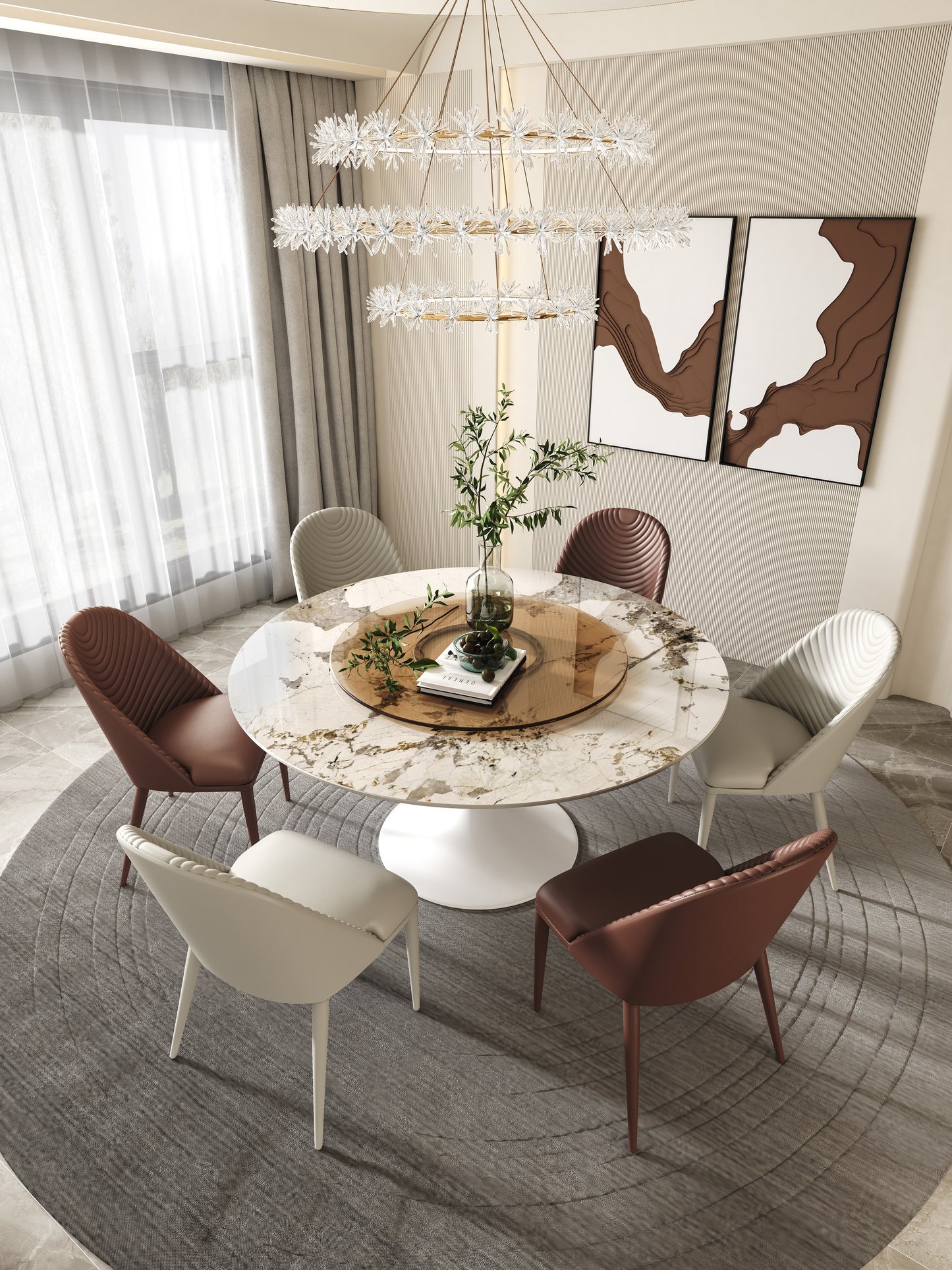 Pandora Pattern Luxury Round Dining Table Sintered Stone Top With Lazy Susan