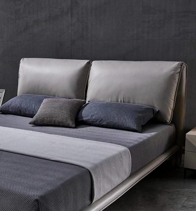 Euro Style Luxurious Premium Calf Leather Bed Frame With Carbon Steel legs Dark Grey King Queen