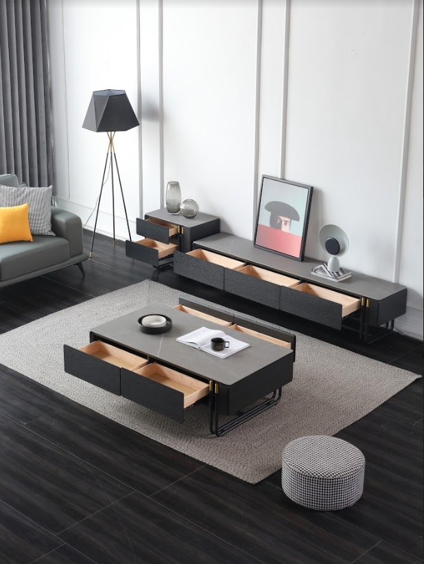 ELLA Modern Design Coffee Table Sintered Stone Top In Smoke Brown Ash 4 Drawers 1.2m