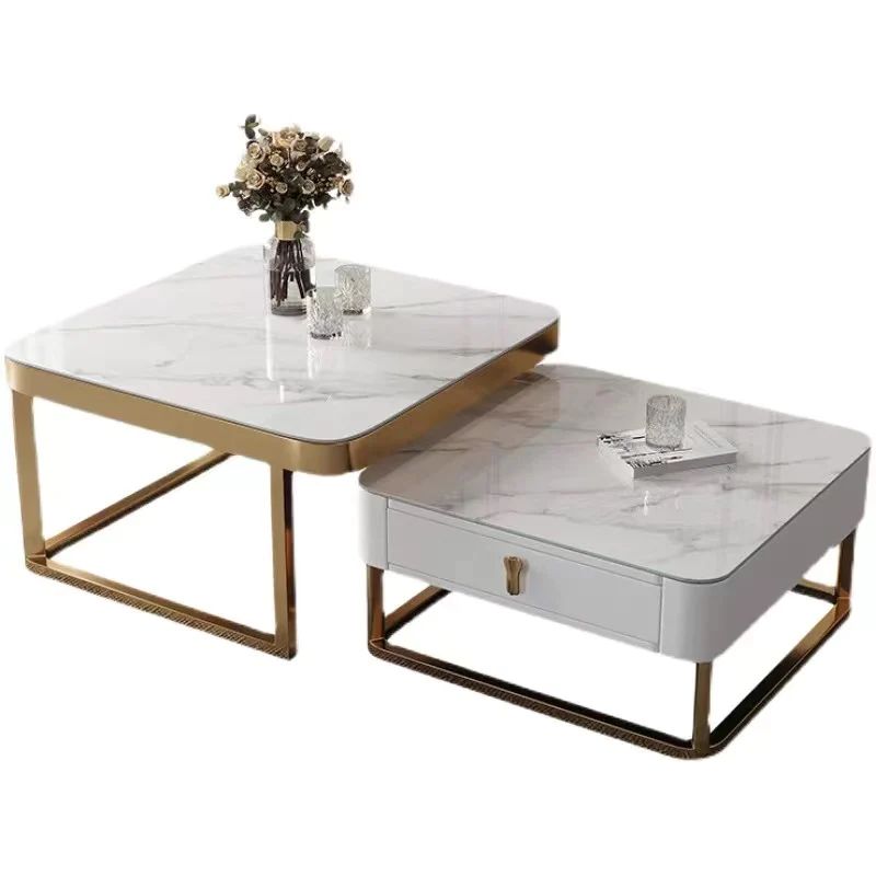Daniel Sintered Stone Top 2PC Coffee Table Set With Storage Drawer Steel Frame