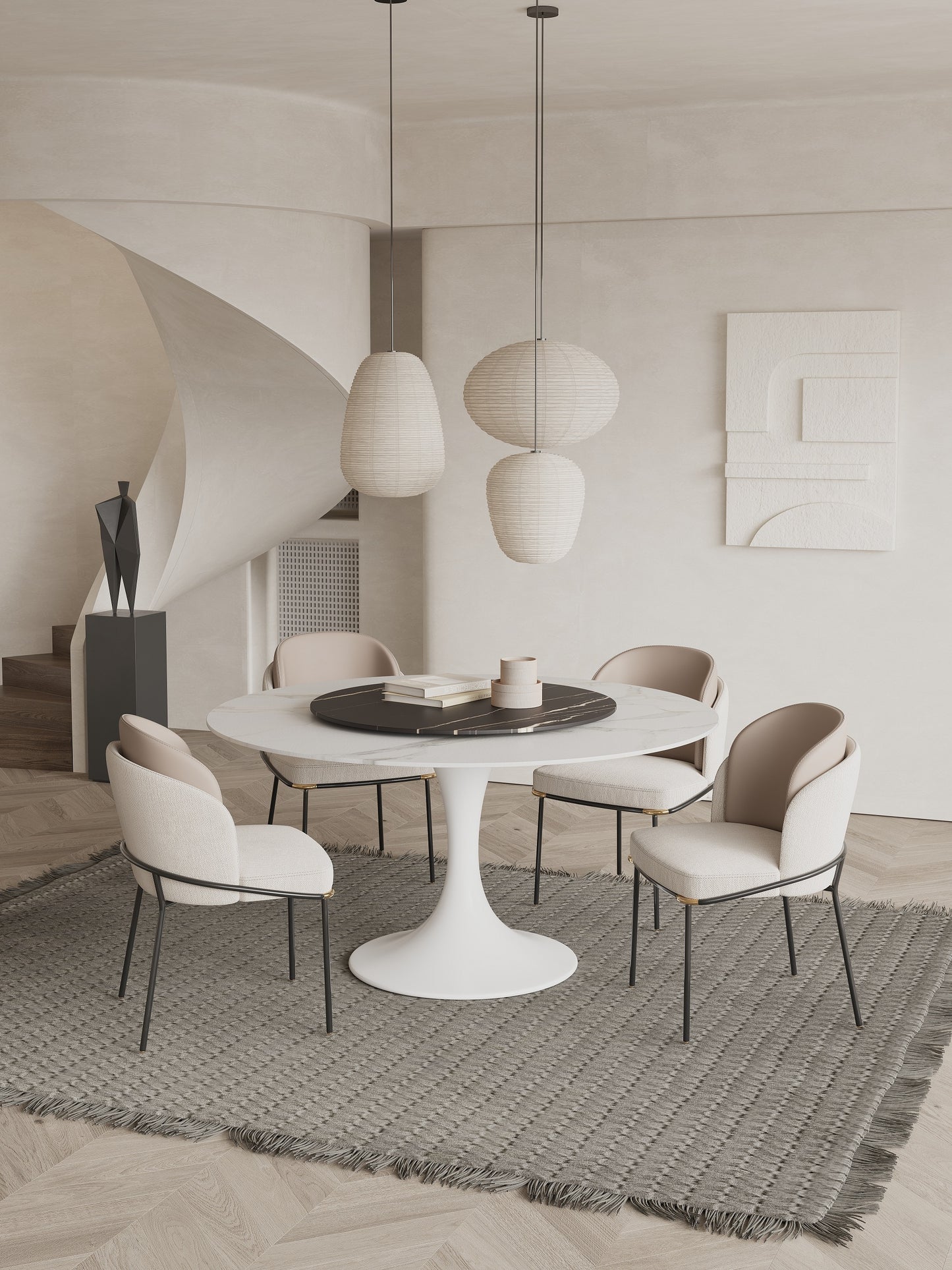 Solana White Sintered Stone Marble Effect Round Dining Table With Lazy Susan