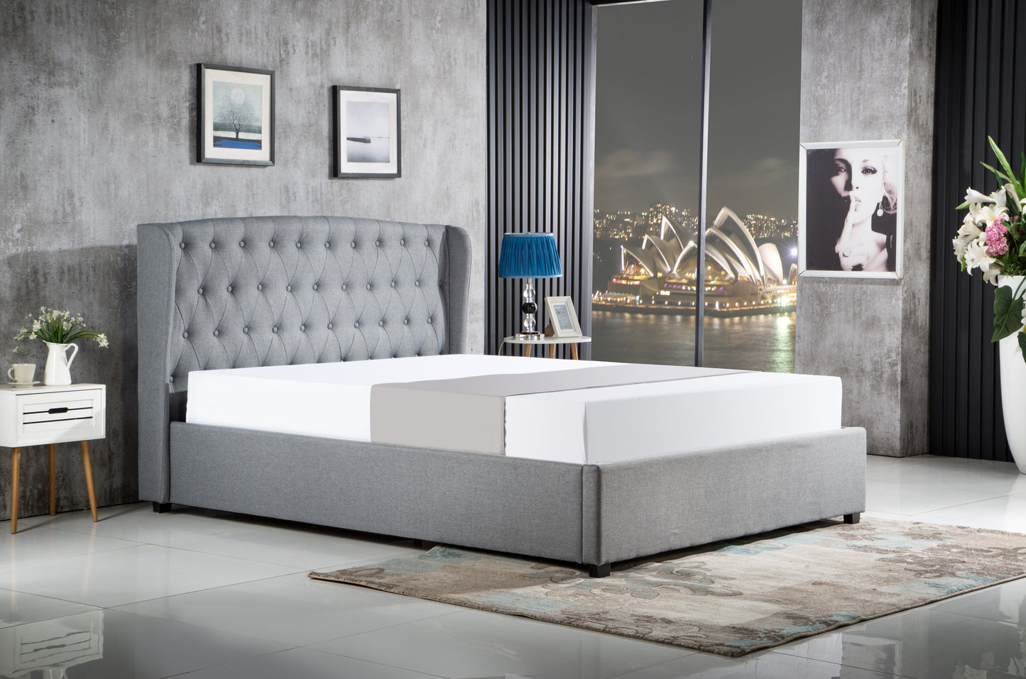 Modern Design Linen Fabric Steel Tufted Upholstered Wooden Bed Frame Grey Color Queen Size