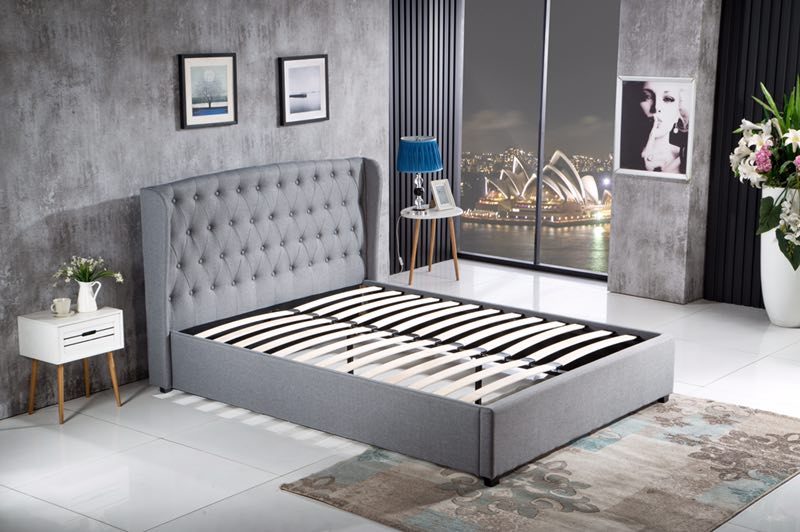 Modern Design Linen Fabric Steel Tufted Upholstered Wooden Bed Frame Grey Color Queen Size