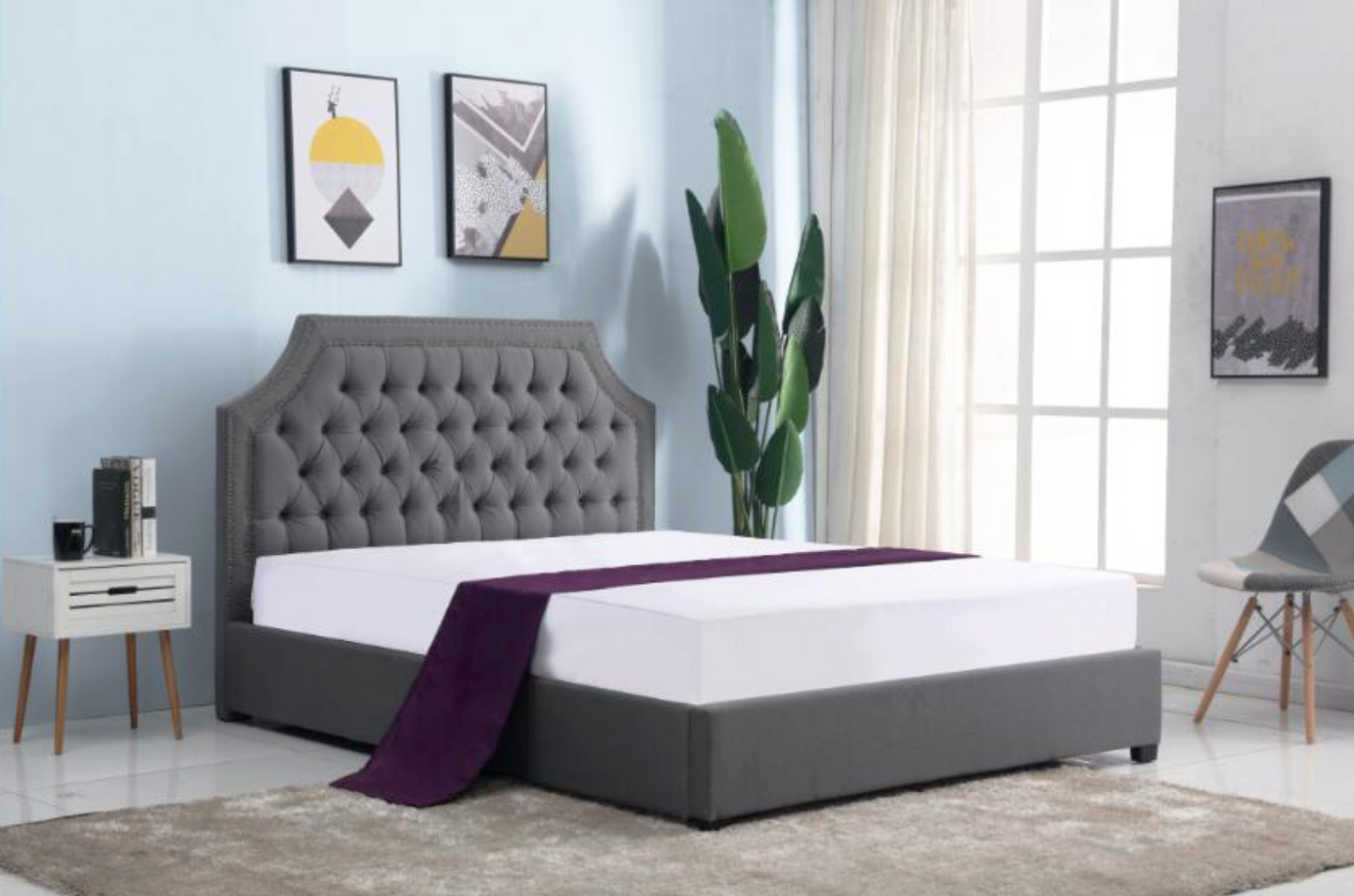 New Diamonds Buttons Design Flannelette Fabric Bed Frame In Grey Color Queen/King
