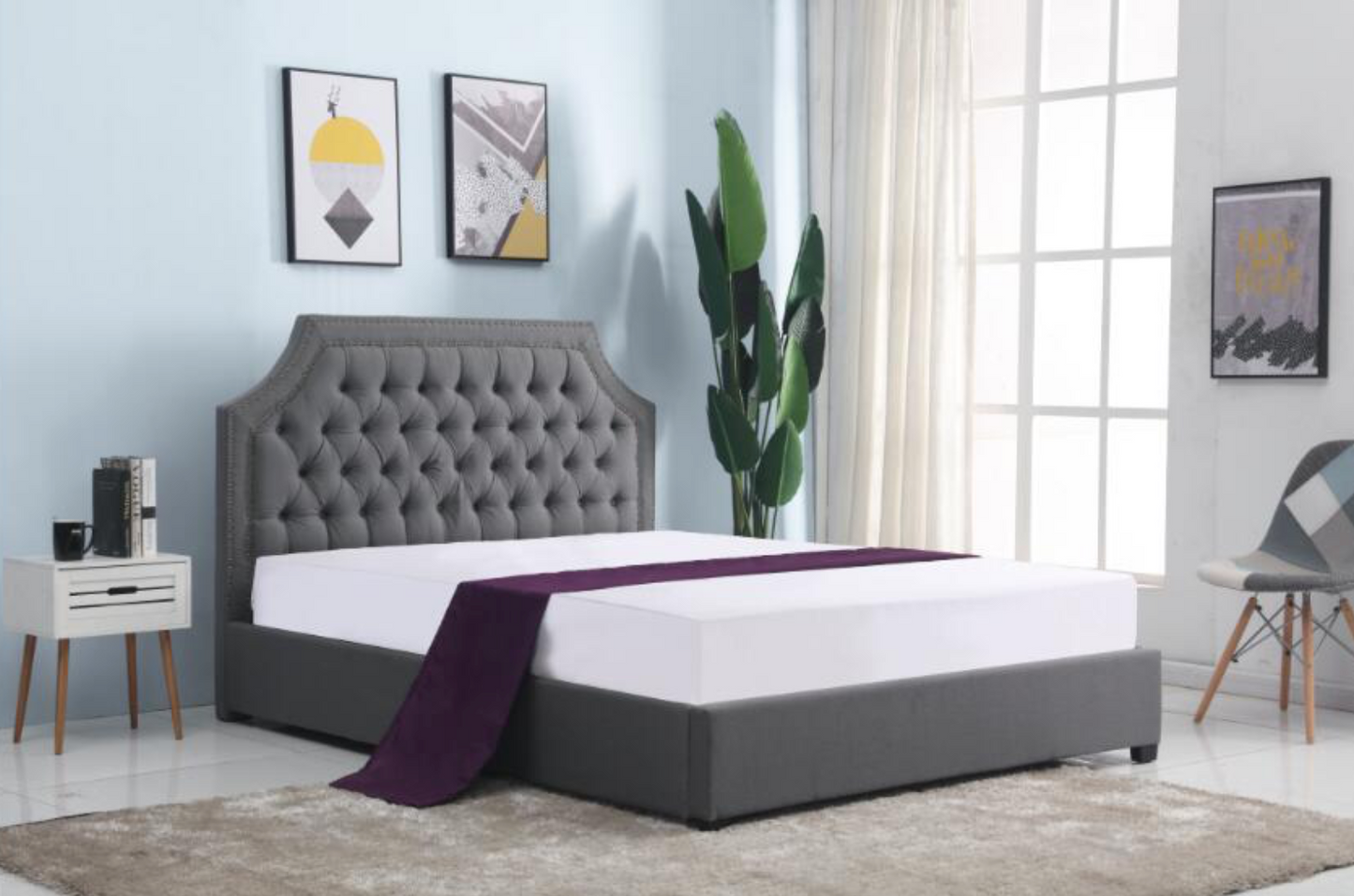 New Diamonds Buttons Design Flannelette Fabric Bed Frame In Grey Color Queen/King