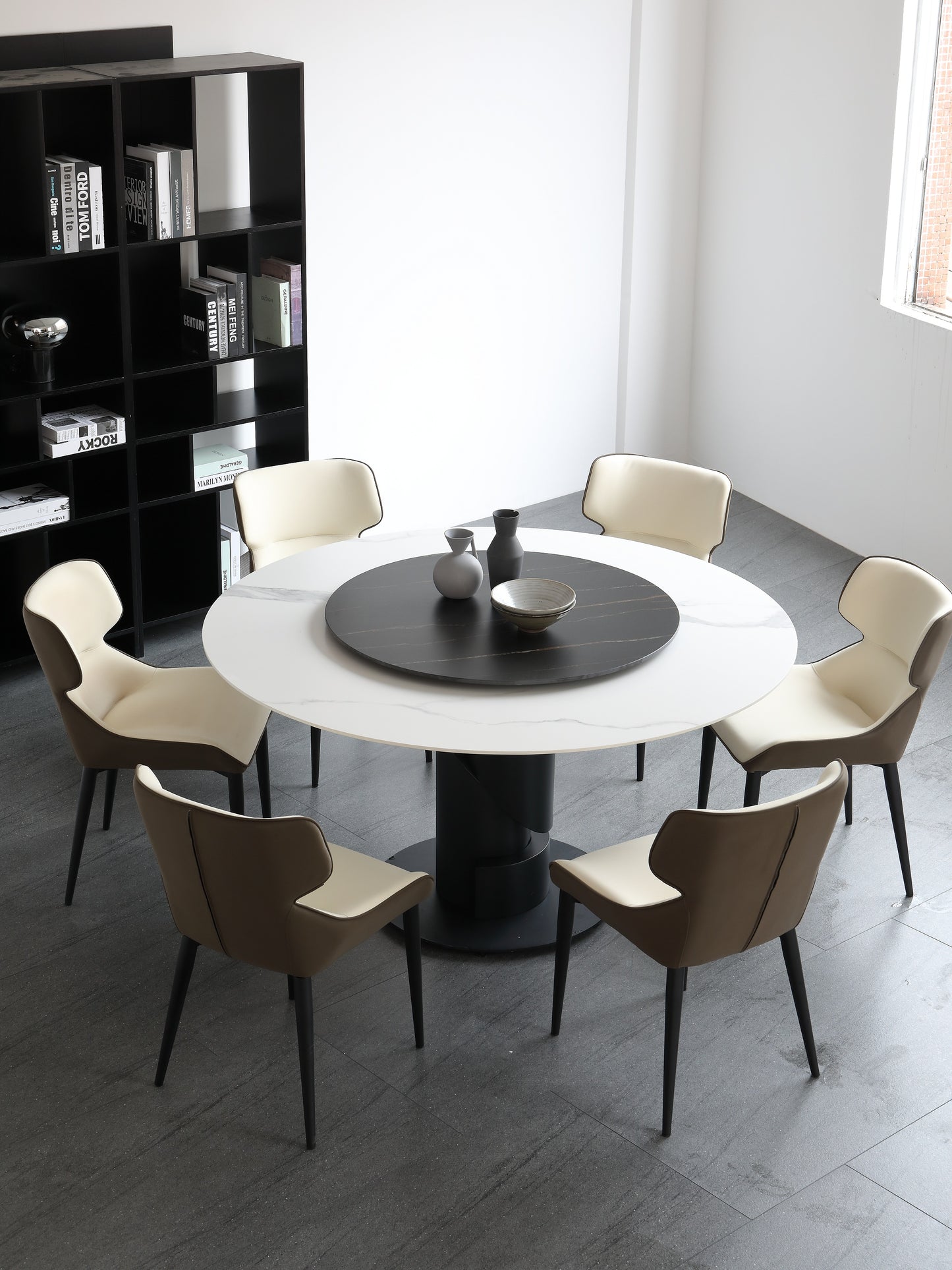 Jessie Sintered Stone Top Round Dining Table Matte Finish With Lazy Susan 2 Size
