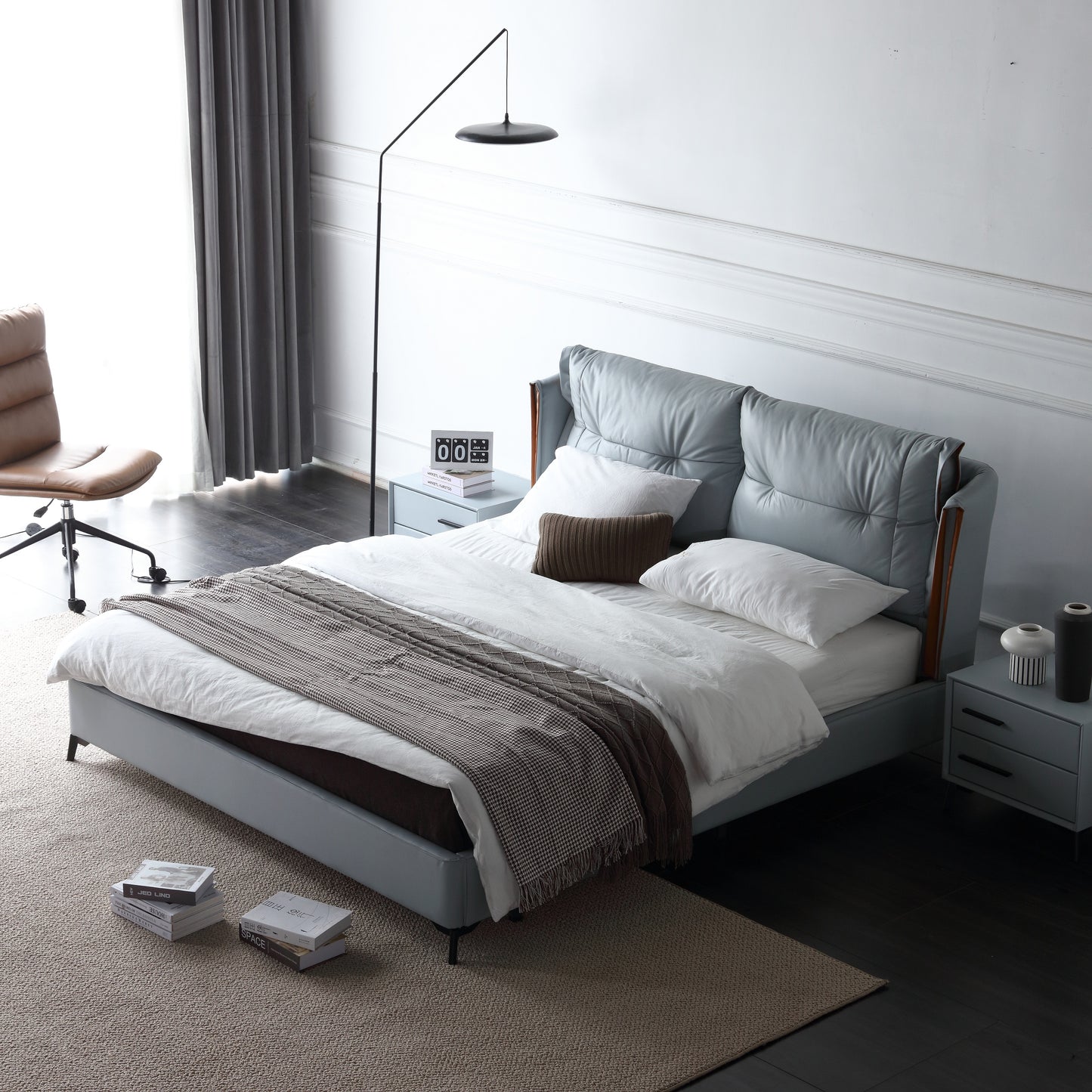 TOBIAS Ultra Luxury Premium Calf Leather Bed Frame With Carbon Steel Legs King/Queen