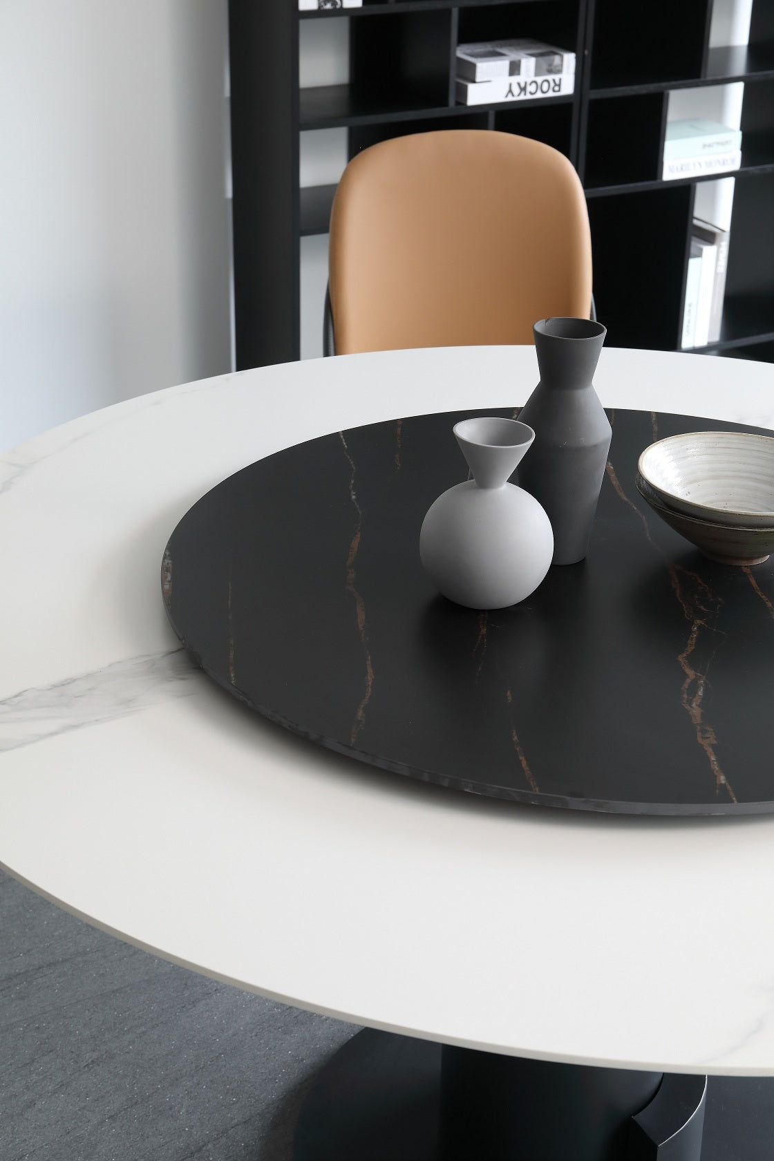 Jessie Sintered Stone Top Round Dining Table Matte Finish With Lazy Susan 2 Size