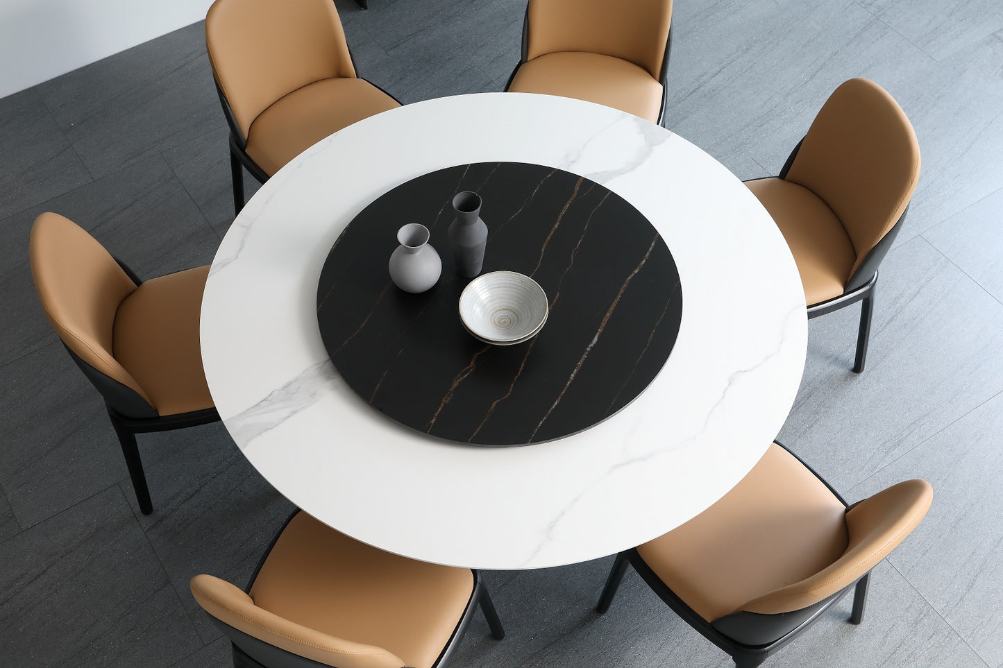 Jessie Sintered Stone Top Round Dining Table Matte Finish With Lazy Susan 2 Size
