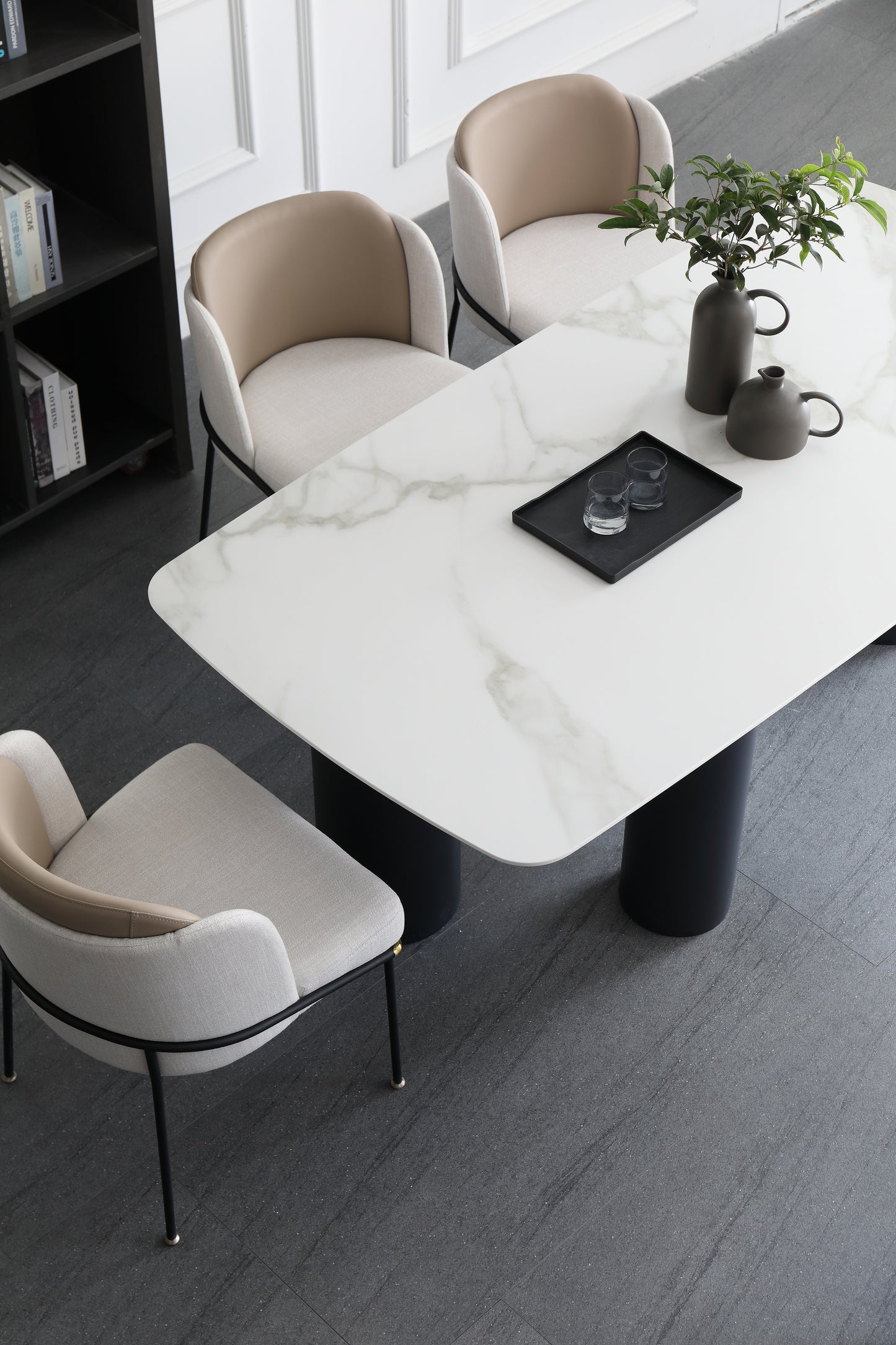 Modern Style Fabric Dining Chair With PU Leather Backrest Steel Frame And Legs