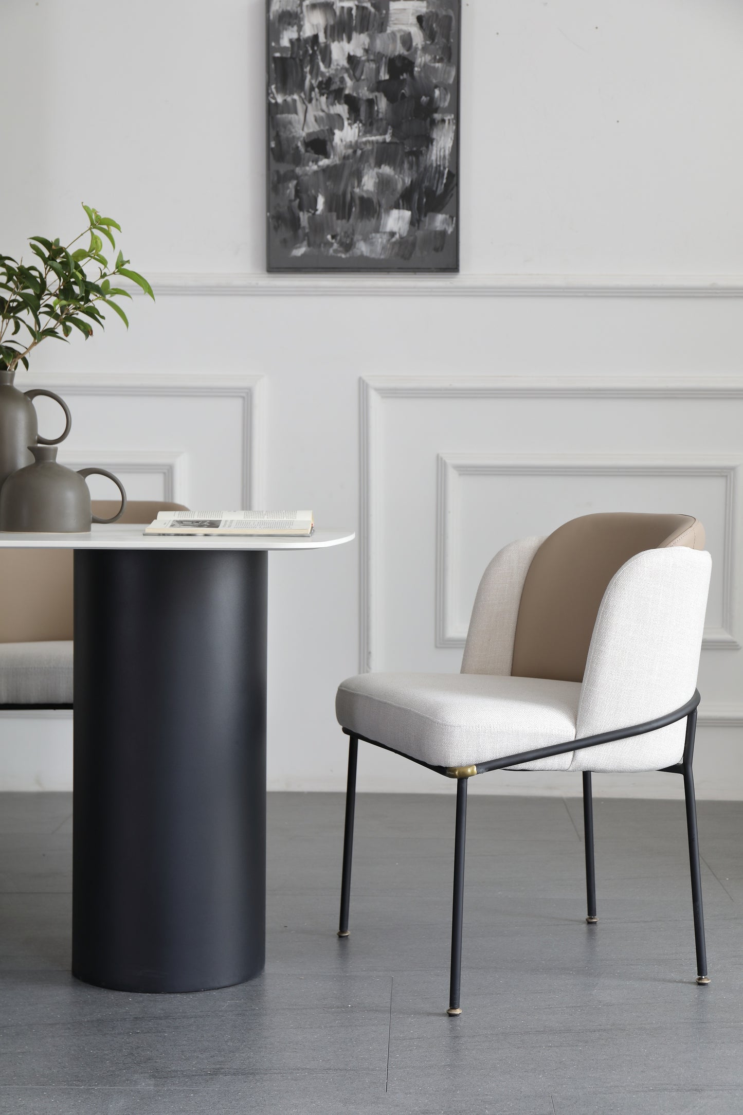 Modern Style Fabric Dining Chair With PU Leather Backrest Steel Frame And Legs