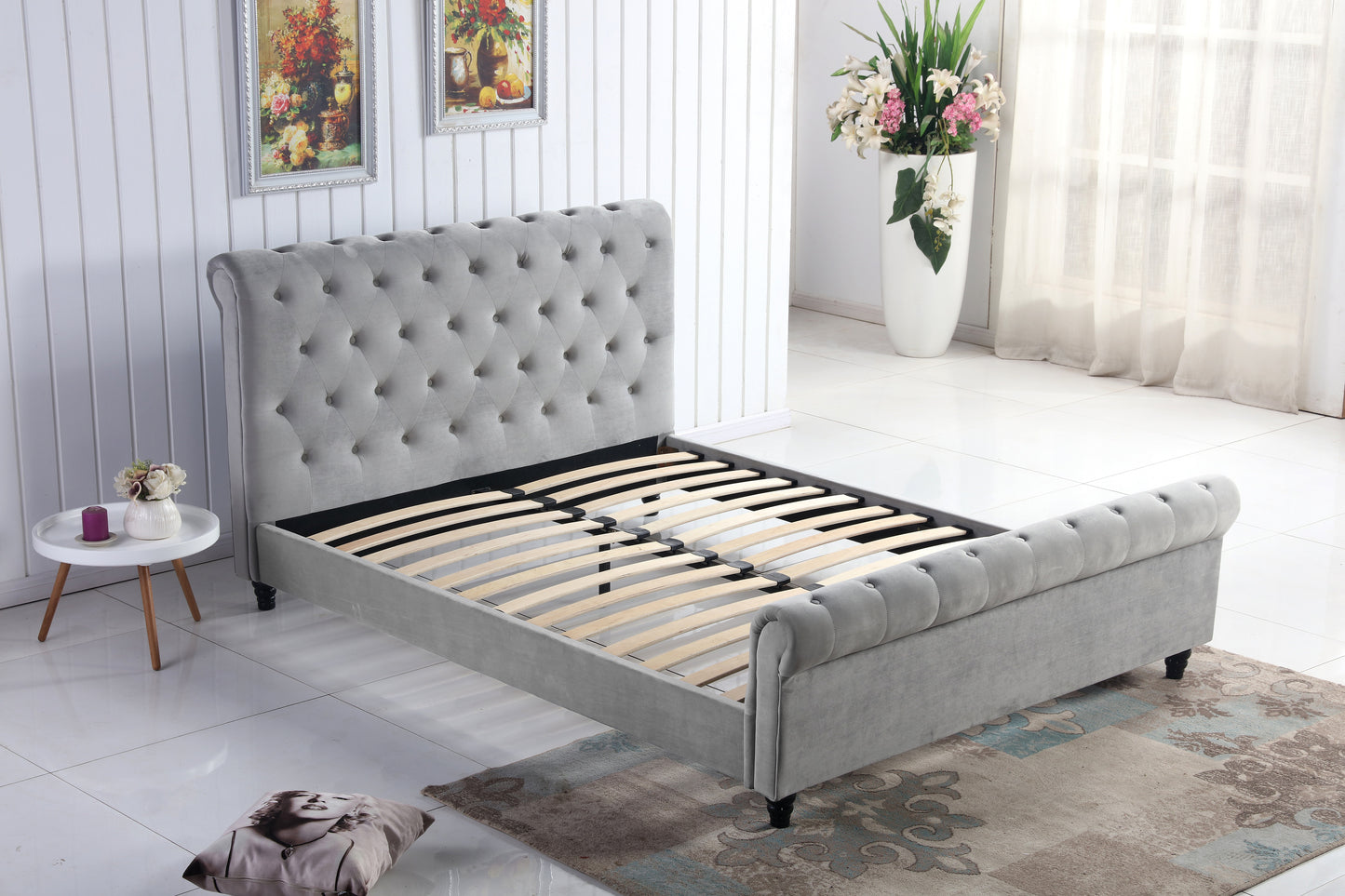 Buttons Style Design Flannelette Fabric High Quality Bed Frame Queen/King Size