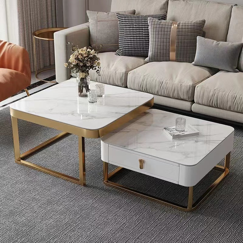 Daniel Sintered Stone Top 2PC Coffee Table Set With Storage Drawer Steel Frame
