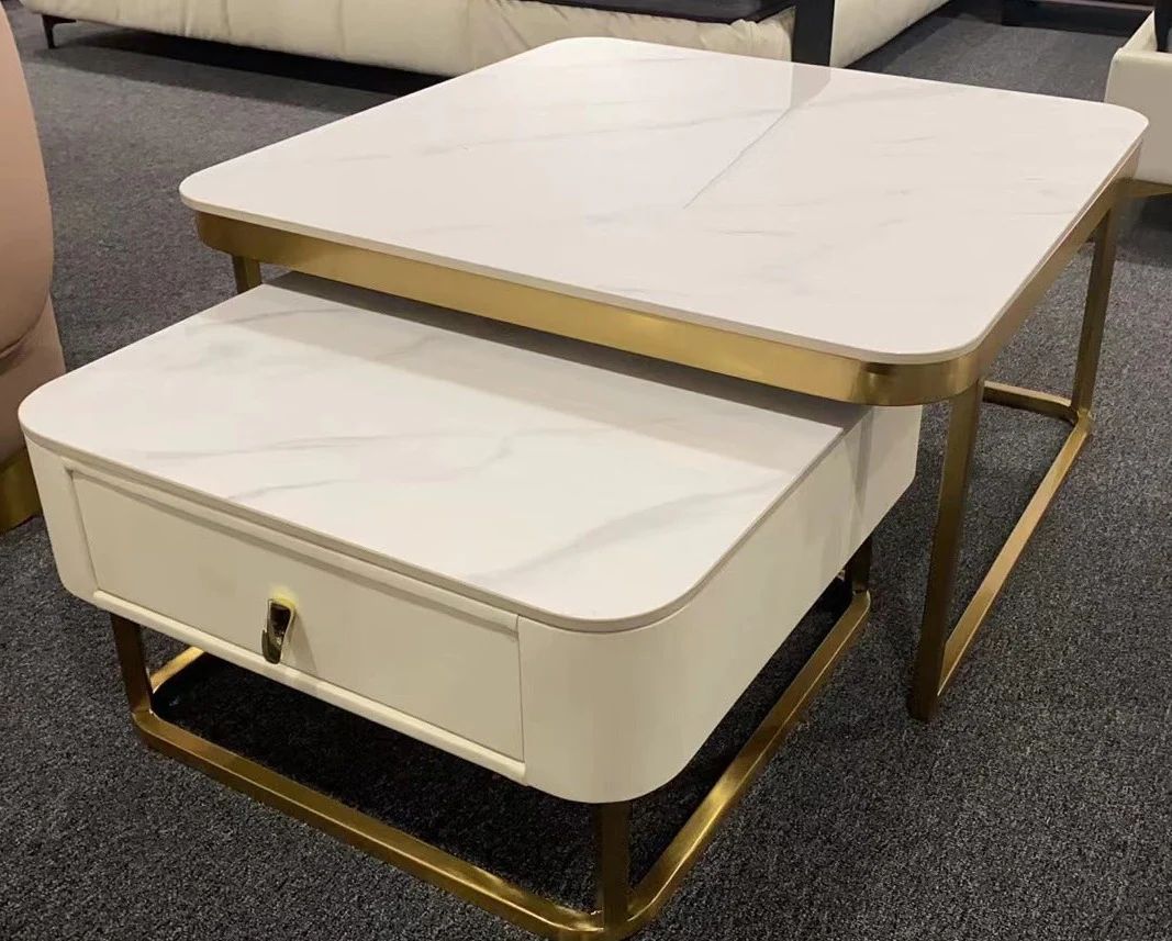 Daniel Sintered Stone Top 2PC Coffee Table Set With Storage Drawer Steel Frame