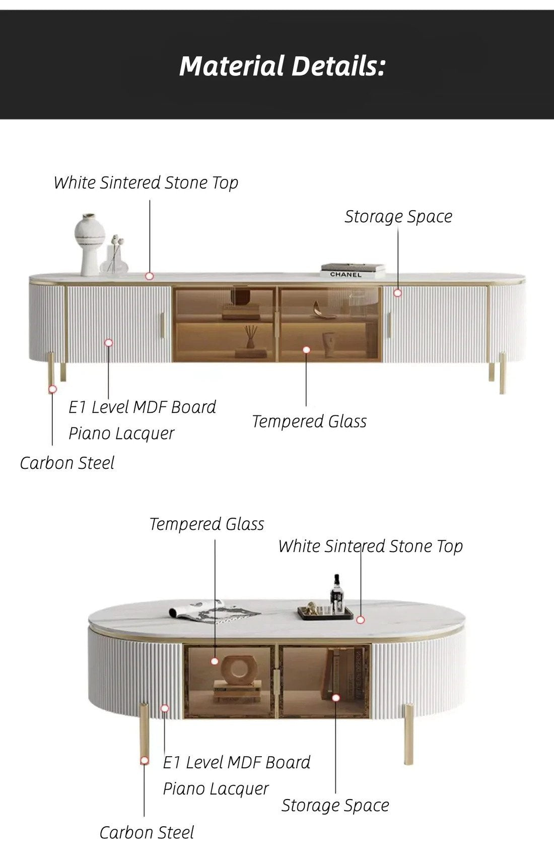 LUCAS Coffee Table White Sintered Stone Top Golden Color Legs Mordern Design Tea Table