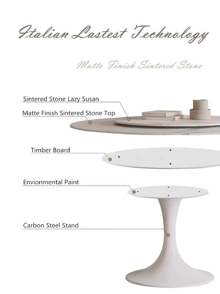 Solana White Sintered Stone Marble Effect Round Dining Table With Lazy Susan
