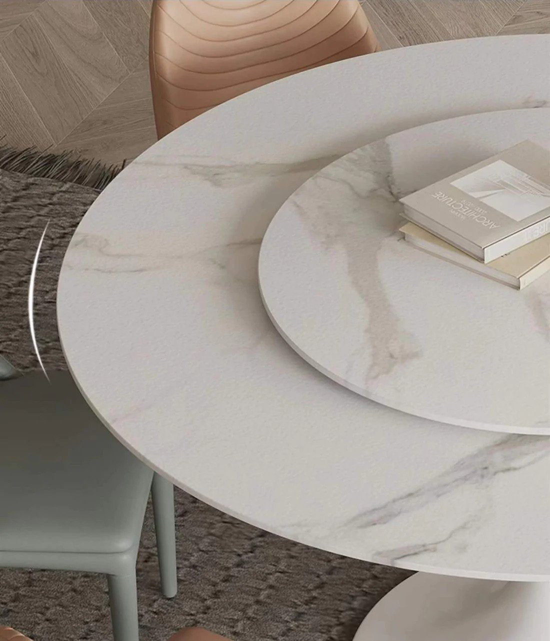 Solana White Sintered Stone Marble Effect Round Dining Table With Lazy Susan