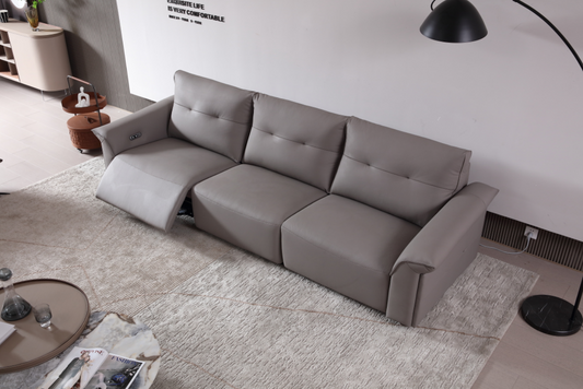 MINA Grey Leather Three Seat Sofa With Right Hand Side Electric Recliner Electric Sofa Lounge