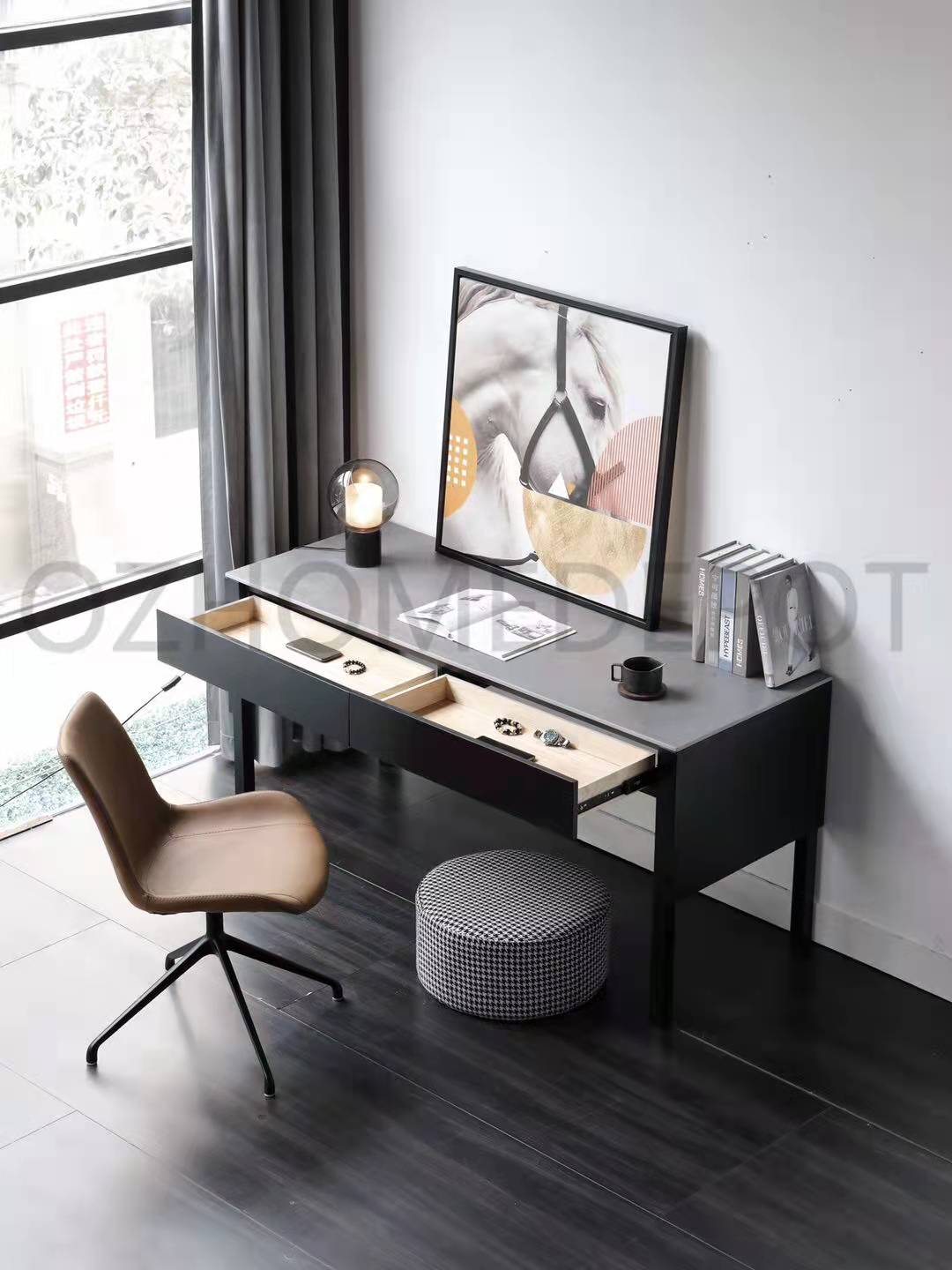 Zita Sintered Stone Top Designer Study Desk With Drawers Steel Legs Home Office Desk 1.6m