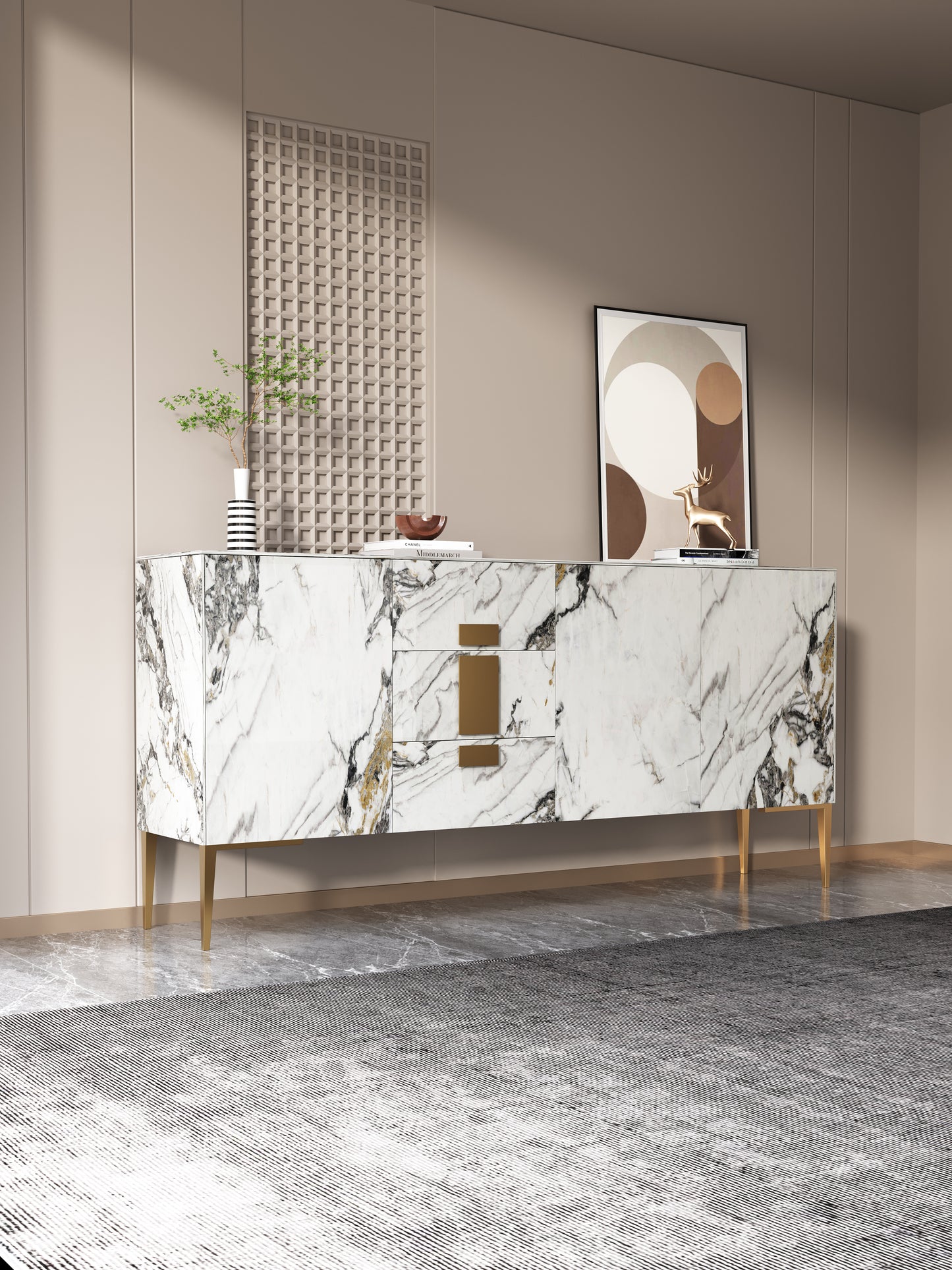 LILIUM Sintered Stone Marble Pattern Console Table Buffet Table Shoe Cabinet Scratch-resistant Surface 1.8m