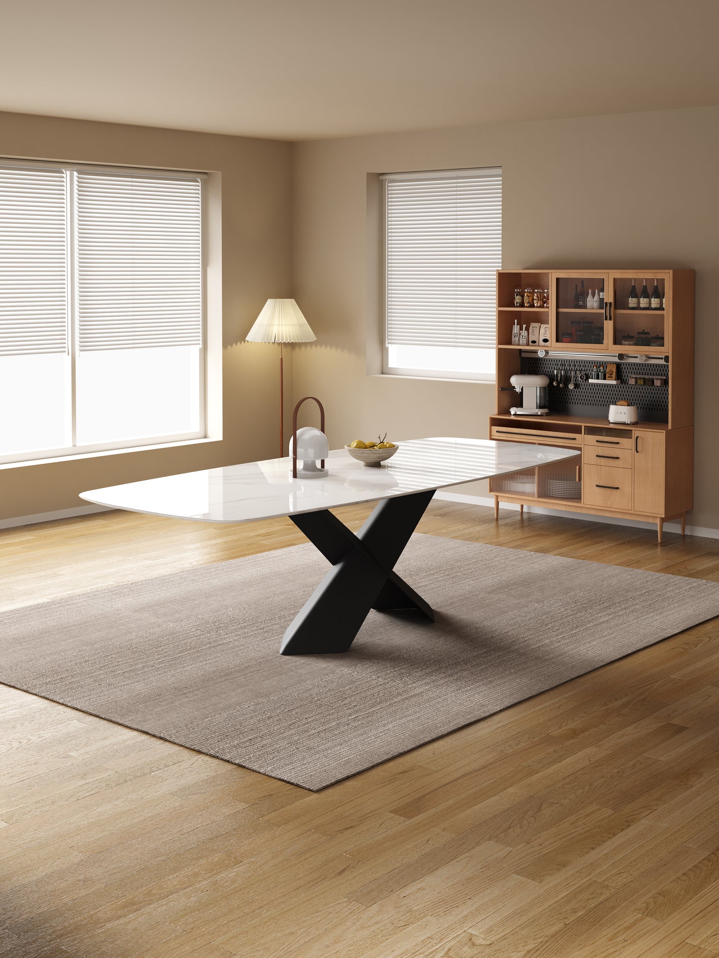 Lupika Sintered Stone Top Rectangular Dining Table With X Shape Stand Glossy Finish 1.8-2.2m