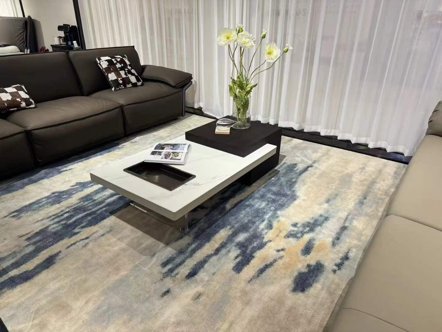 OTTAVIO Designer Black and White Color Slate Top Coffee Table With Transparent Legs and Metal Fruit Tray