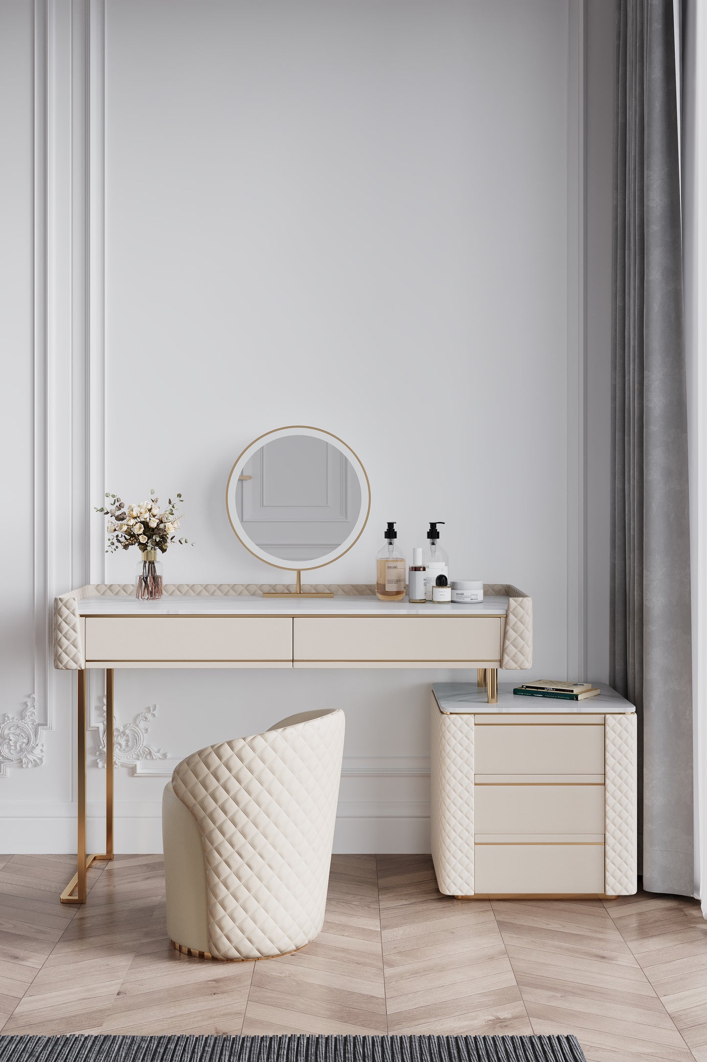 TRAGO Sintered Stone Top Vanity Table With Stool And LED Mirror Makeup Table Dressing Table With Drawers