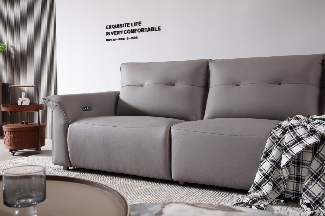 MINA Grey Leather Three Seat Sofa With Right Hand Side Electric Recliner Electric Sofa Lounge