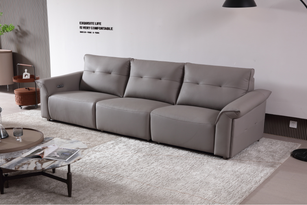 MINA Grey Leather Three Seat Sofa With Right Hand Side Electric Recliner Electric Sofa Lounge