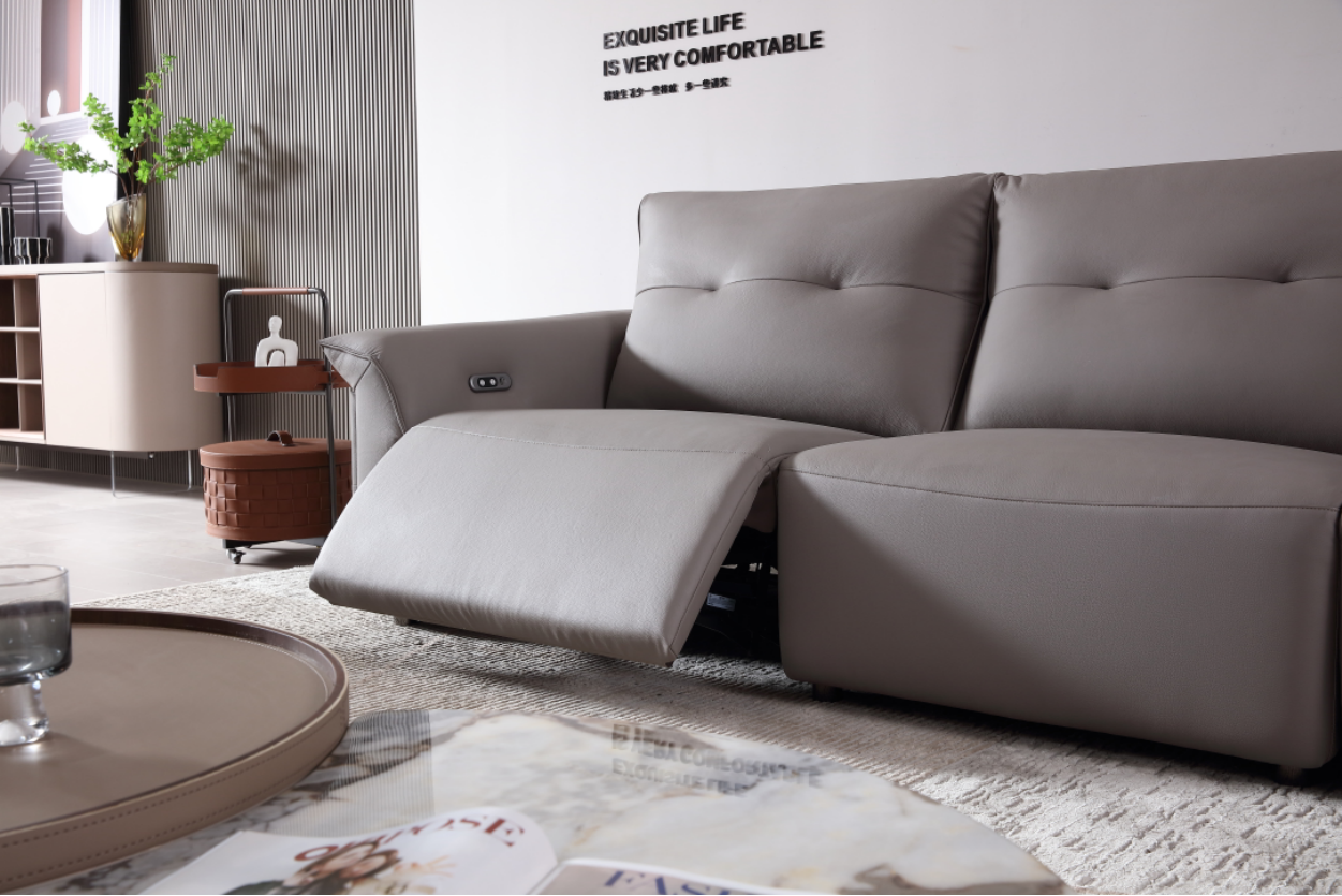 MINA Grey Leather Three Seat Sofa With Right Hand Side Electric Recliner Electric Sofa Lounge