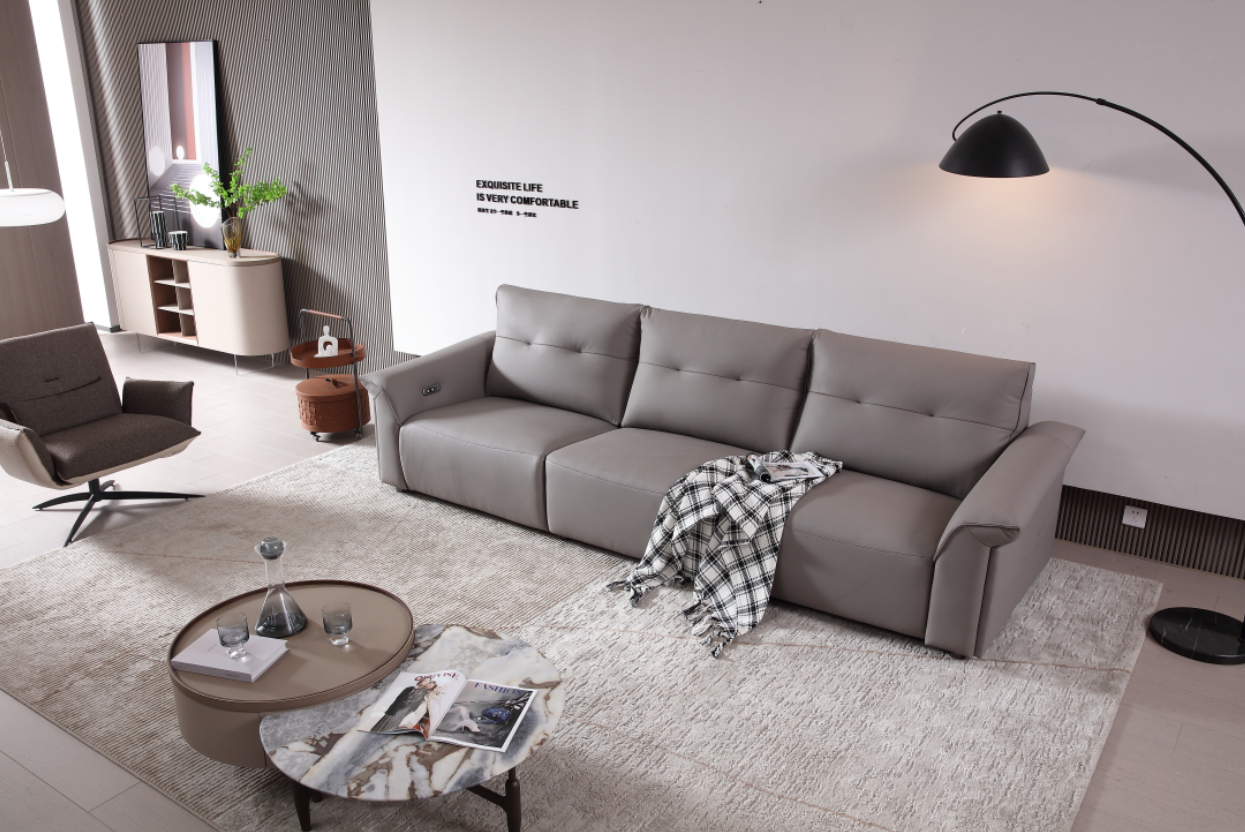 MINA Grey Leather Three Seat Sofa With Right Hand Side Electric Recliner Electric Sofa Lounge