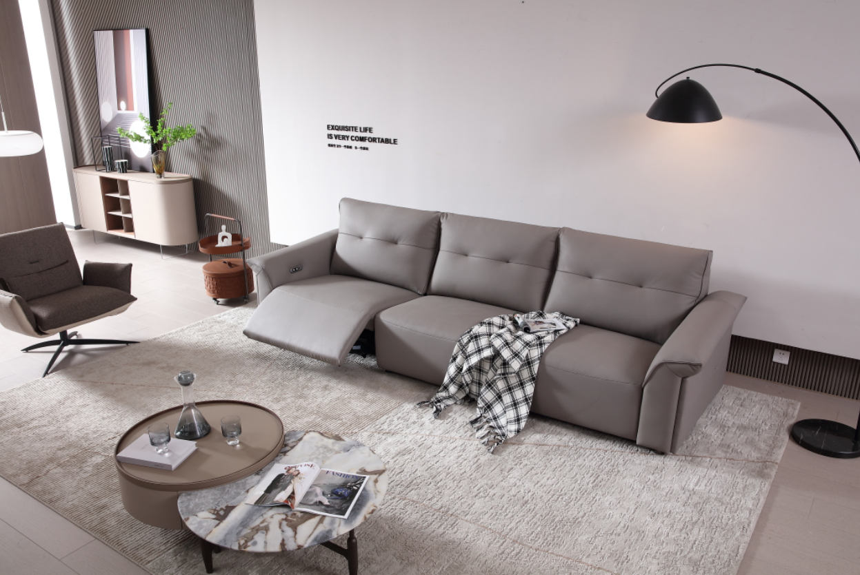 MINA Grey Leather Three Seat Sofa With Right Hand Side Electric Recliner Electric Sofa Lounge