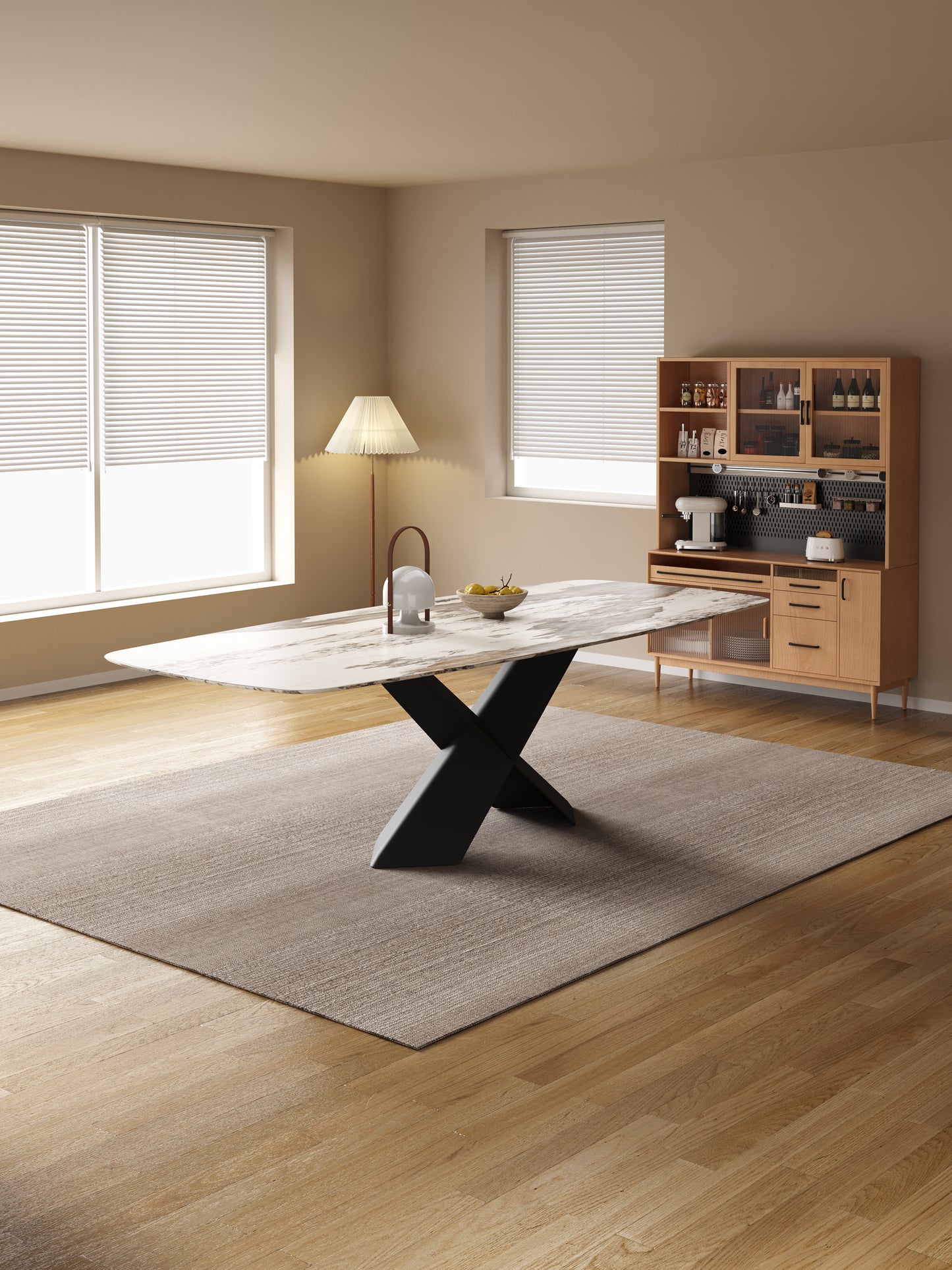 Lupika Sintered Stone Top Rectangular Dining Table With X Shape Stand Glossy Finish 1.8-2.2m