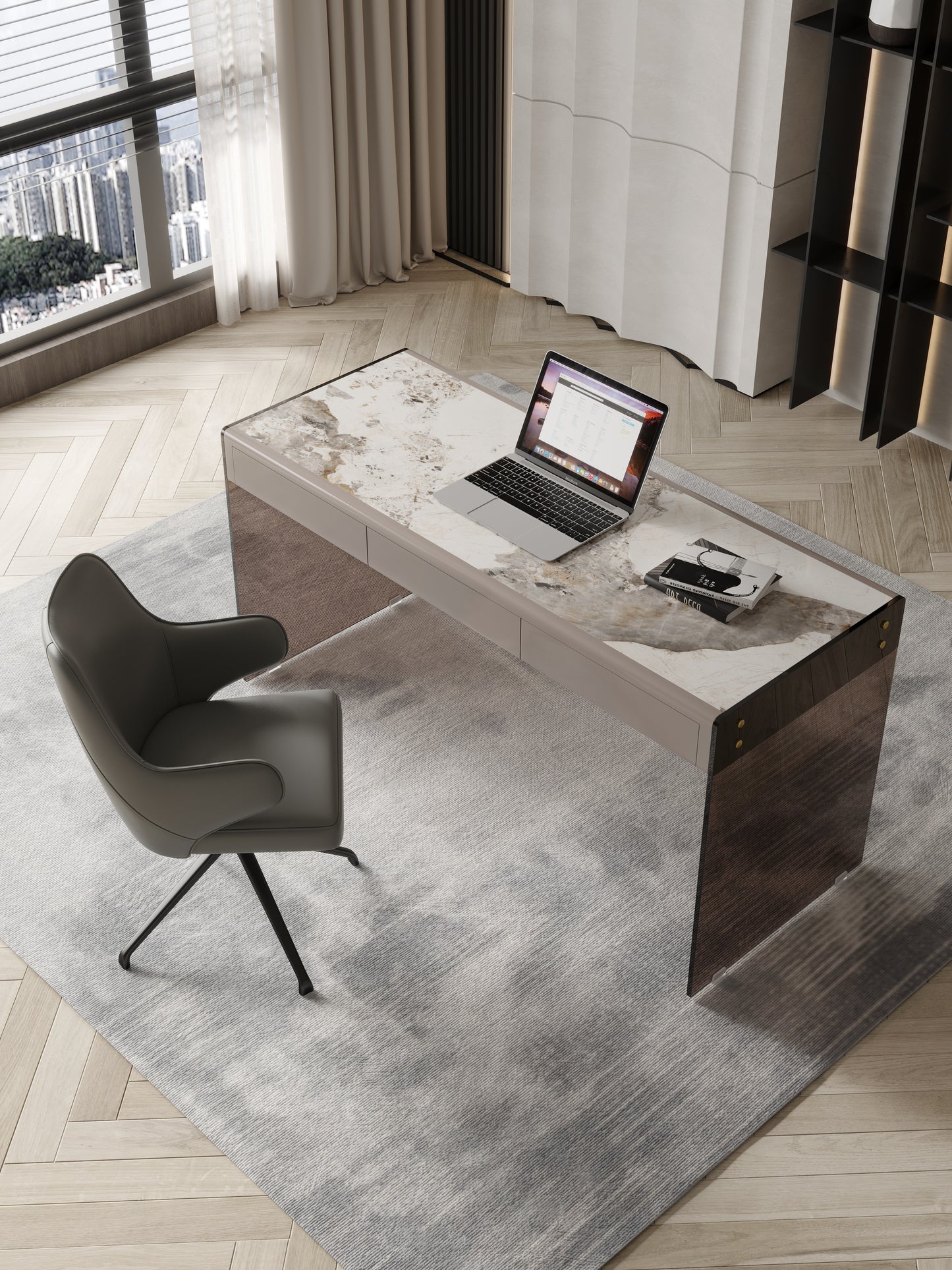 Angelo Sintered Stone Top Designer Study Desk With Drawers Glass Stand Home Office Desk 1.6m