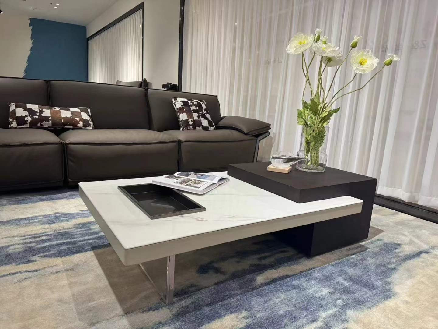 OTTAVIO Designer Black and White Color Slate Top Coffee Table With Transparent Legs and Metal Fruit Tray