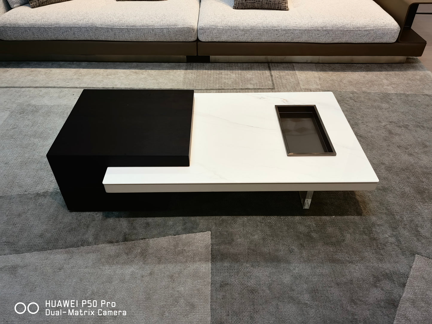 OTTAVIO Designer Black and White Color Slate Top Coffee Table With Transparent Legs and Metal Fruit Tray