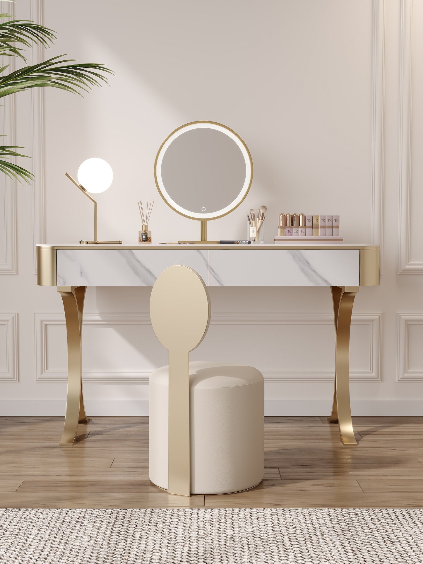 Dolores Stone Top Vanity Table With LED Mirror And Stool Makeup Table Dressing Table Set