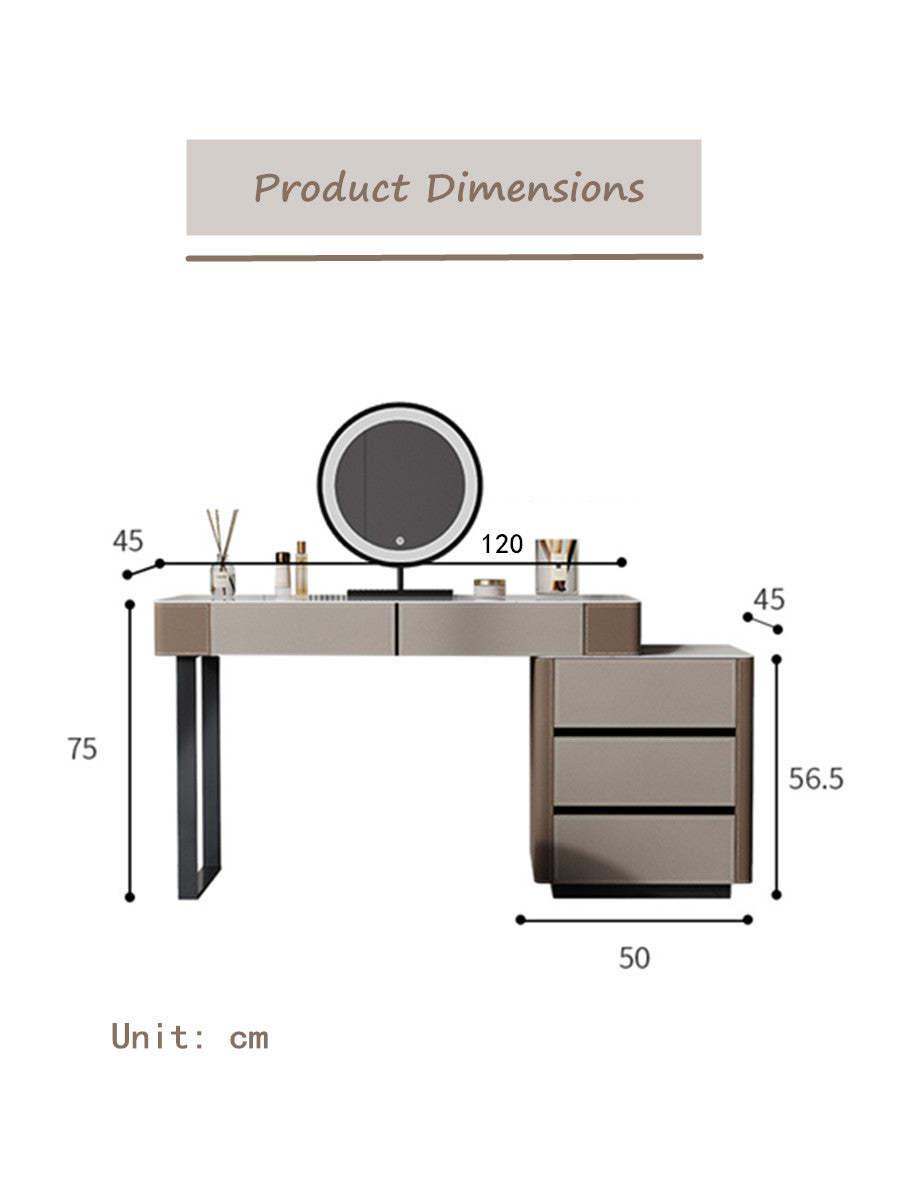 TEODORO Sintered Stone Top Leather Wrapped Vanity Table With Stool And LED Mirror Makeup Table Dressing Table With Drawers 0.8m-1.2m