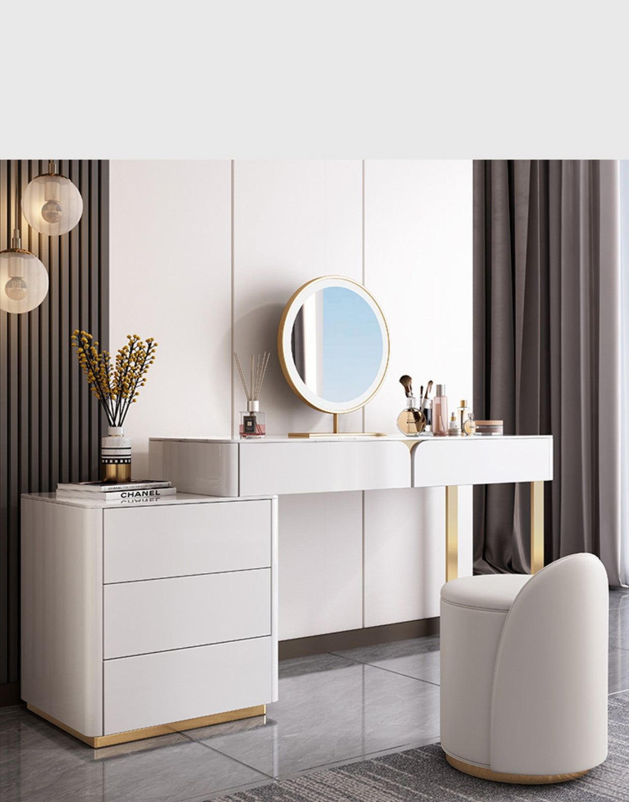 NEREO Italian Design Sintered Stone Top Vanity Table With Stool And LED Mirror Makeup Table Dressing Table With Drawers 1m-1.2m