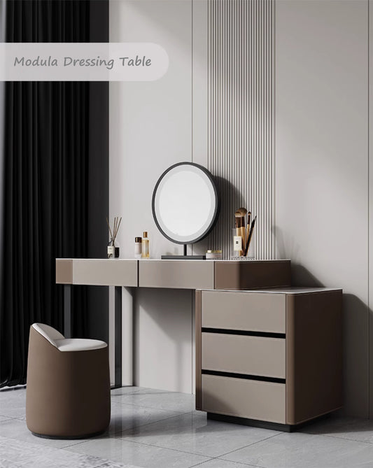 TEODORO Sintered Stone Top Leather Wrapped Vanity Table With Stool And LED Mirror Makeup Table Dressing Table With Drawers 0.8m-1.2m