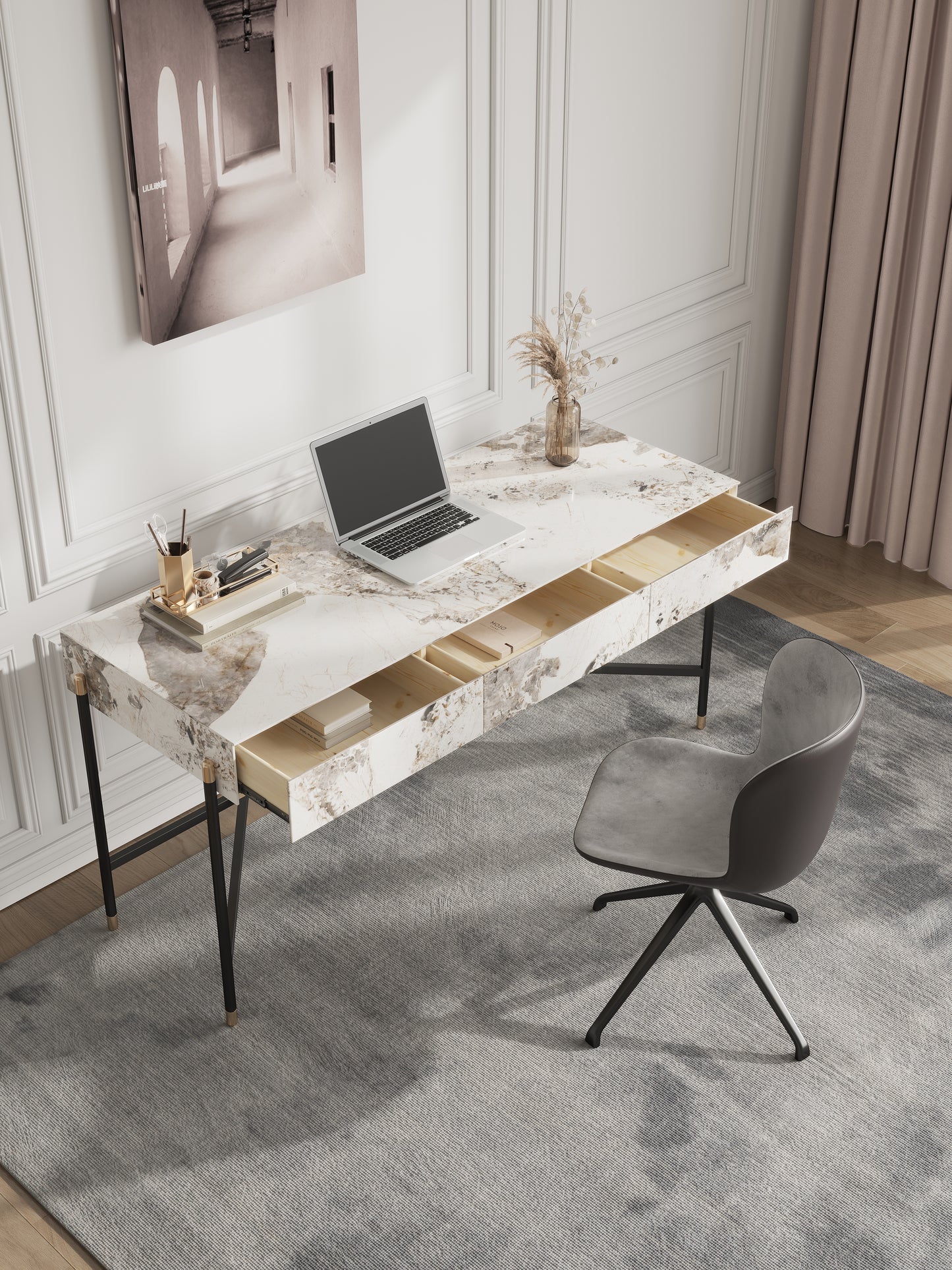 Igor Sintered Stone Top Study Desk With Drawers Steel Legs Home Office Desk 1.4m