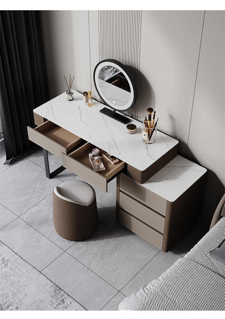 TEODORO Sintered Stone Top Leather Wrapped Vanity Table With Stool And LED Mirror Makeup Table Dressing Table With Drawers 0.8m-1.2m