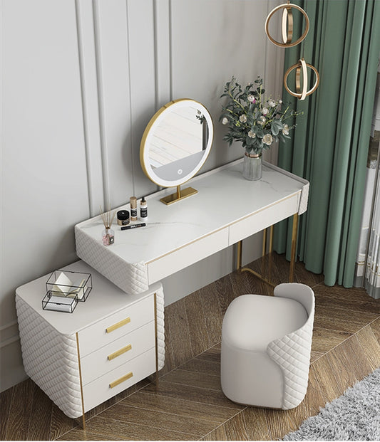 Florella+ Italian Style Sintered Stone Top Vanity Table With Stool And LED Mirror Makeup Table Dressing Table With Drawers 1.2m