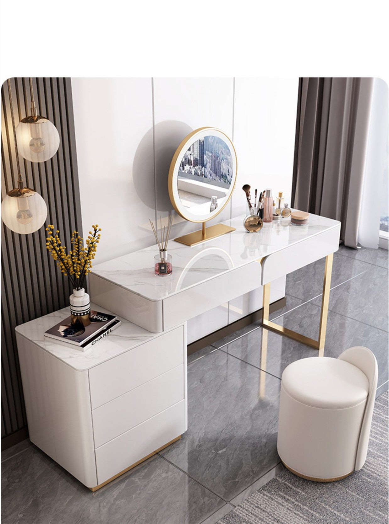 NEREO Italian Design Sintered Stone Top Vanity Table With Stool And LED Mirror Makeup Table Dressing Table With Drawers 1m-1.2m