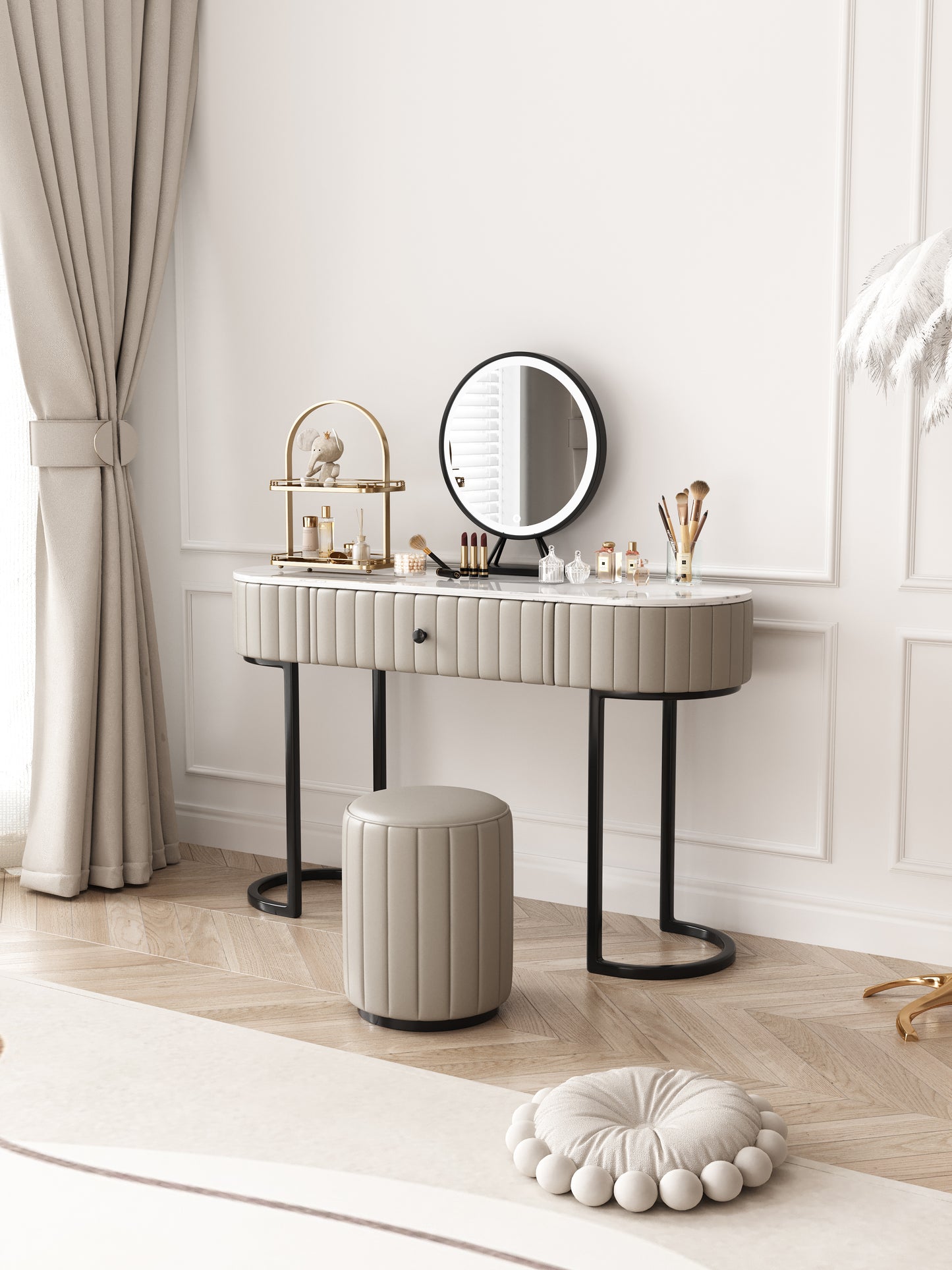 CALLIST Vanity Table With Stool and Mirror Set Makeup Table Dressing Table Grey Color 1m