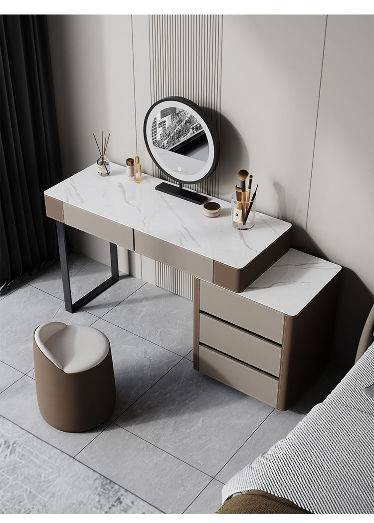 TEODORO Sintered Stone Top Leather Wrapped Vanity Table With Stool And LED Mirror Makeup Table Dressing Table With Drawers 0.8m-1.2m