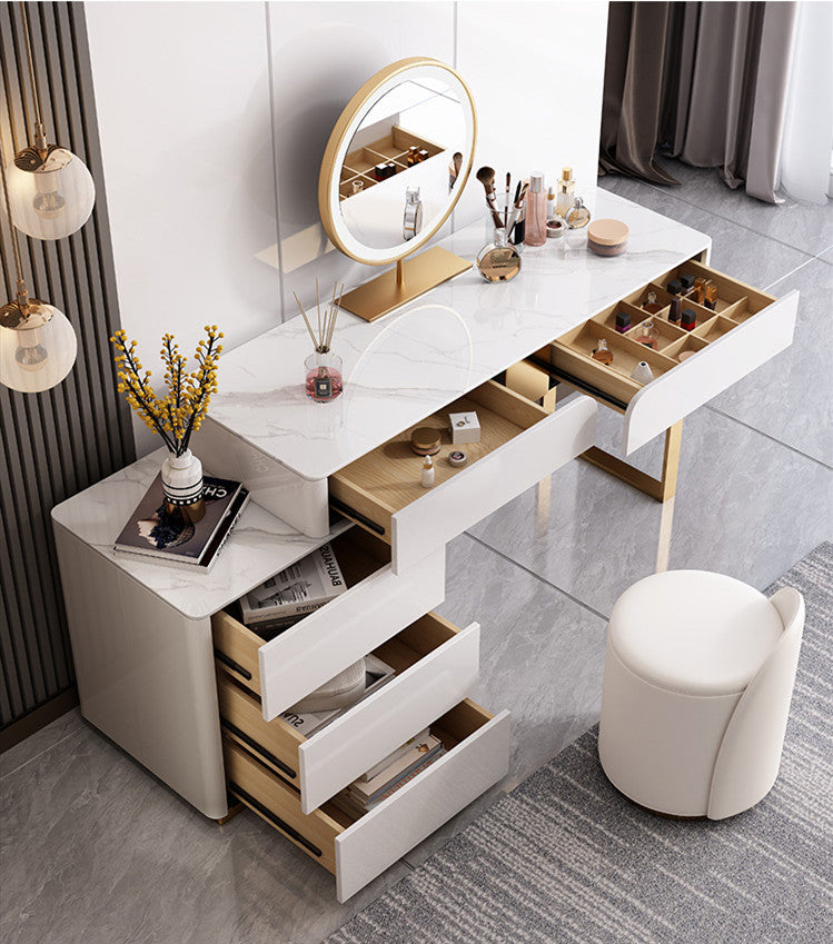 NEREO Italian Design Sintered Stone Top Vanity Table With Stool And LED Mirror Makeup Table Dressing Table With Drawers 1m-1.2m