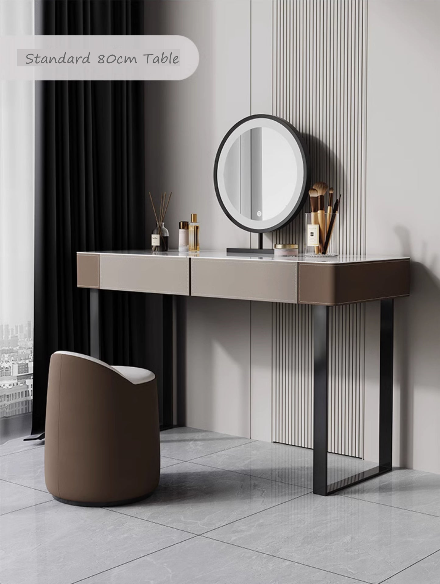 TEODORO Sintered Stone Top Leather Wrapped Vanity Table With Stool And LED Mirror Makeup Table Dressing Table With Drawers 0.8m-1.2m