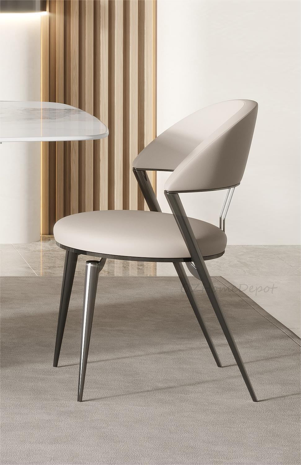 Chou PU Round Seat Style Leather Dining Chair Metal Legs Beige Color