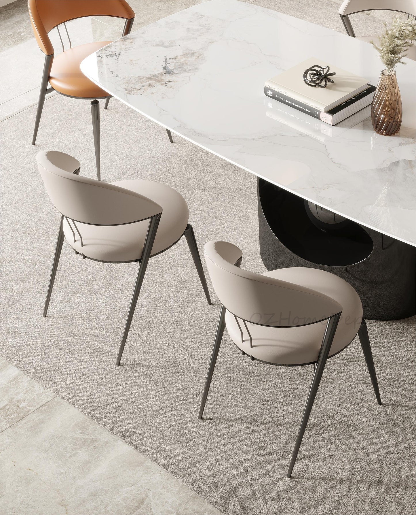 Chou PU Round Seat Style Leather Dining Chair Metal Legs Beige Color